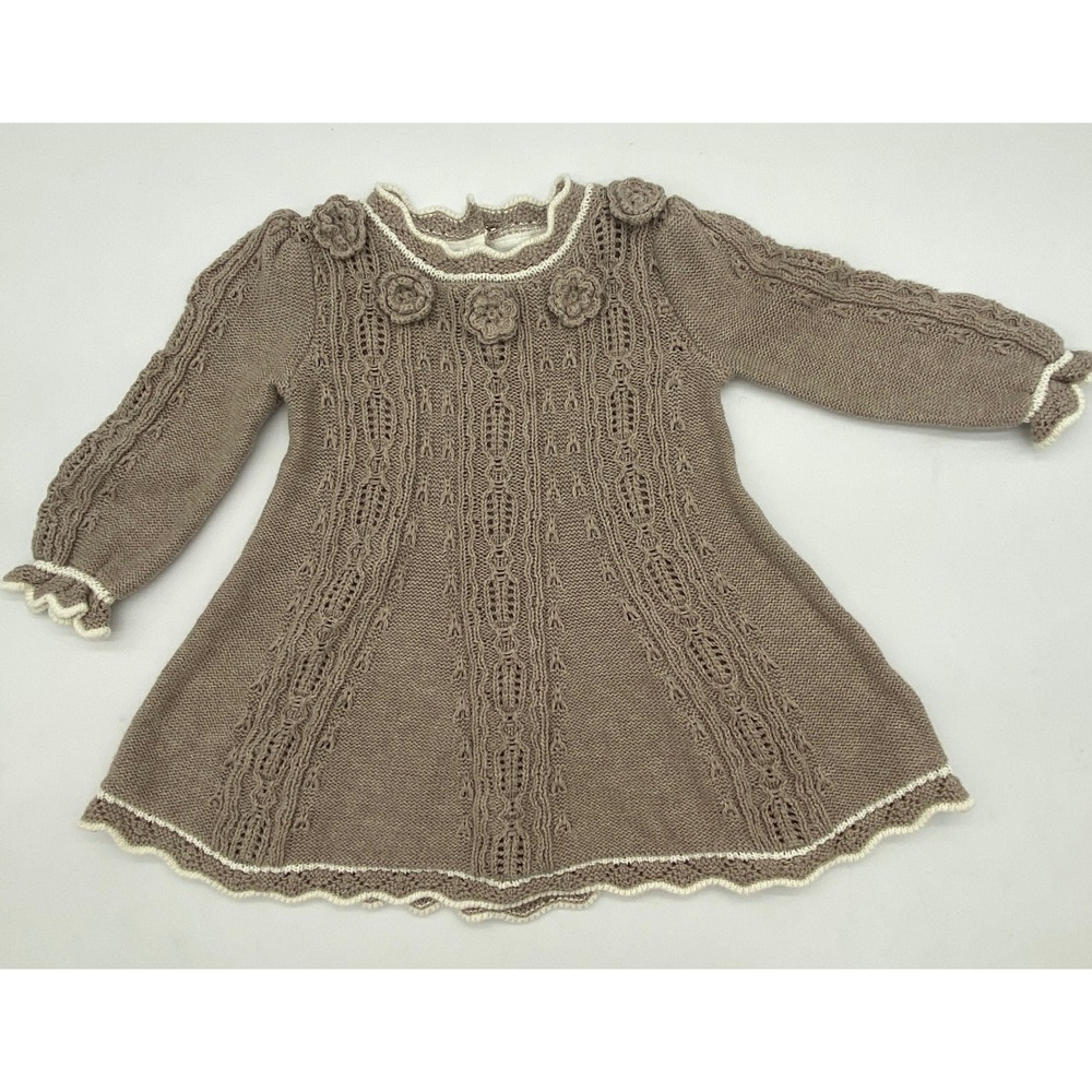 Cynthia Rowley Baby Girl Taupe Brown Knit Flower Dress 3-6M Long Sleeve Cotton